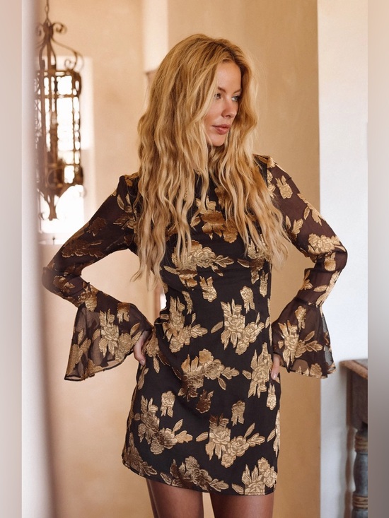 12th Tribe Dresses & Skirts - 12th Tribe Marissa Gold and Black Floral Mini Dress Size XS